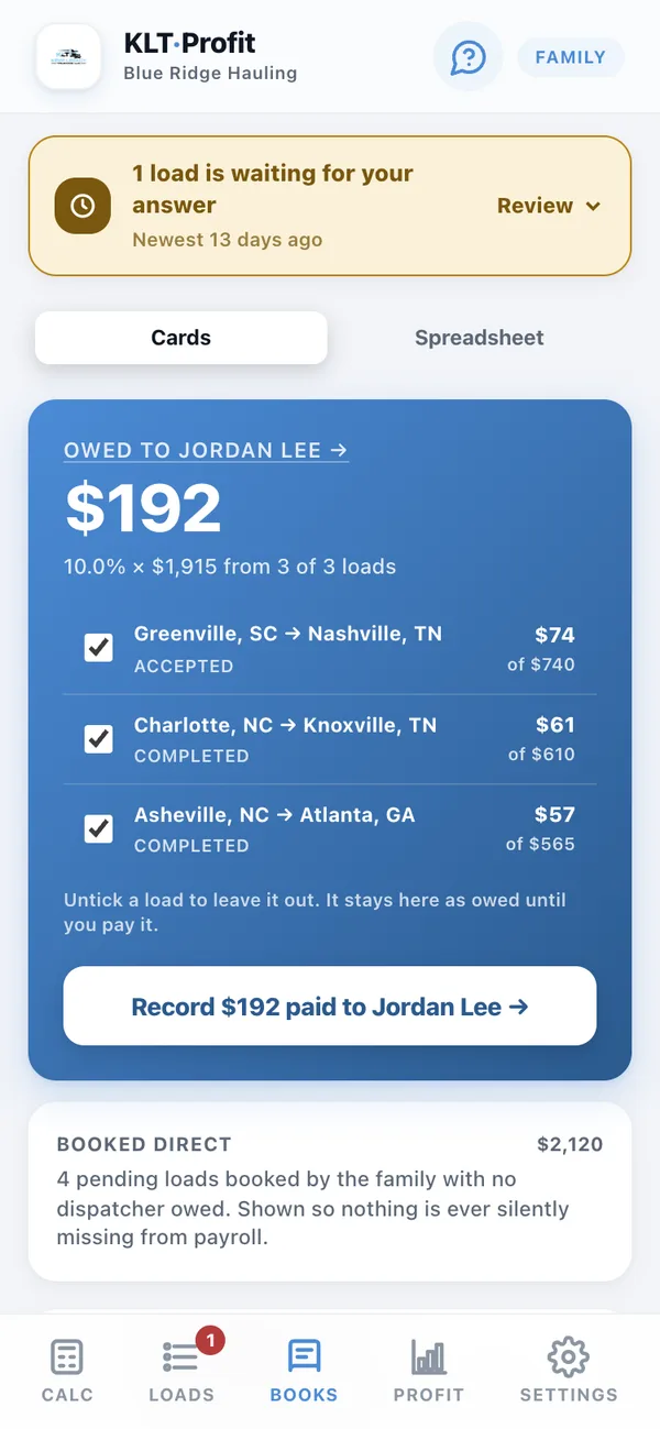 The books screen showing $192 owed to dispatcher Jordan Lee across three loads, with a button to record the payment.