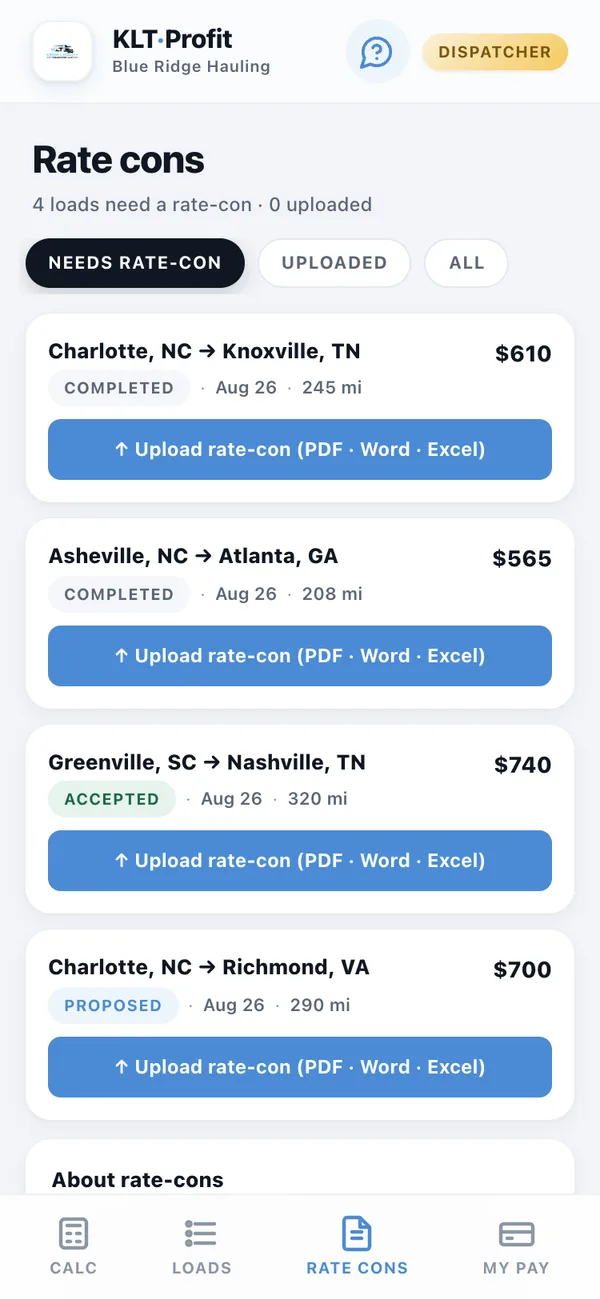 The rate cons screen listing the carrier's booked loads, each with an upload button for a PDF, Word or Excel rate con.