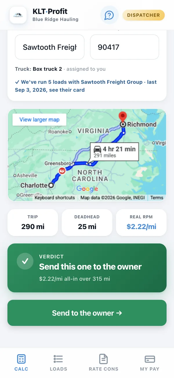 The dispatcher's calculator: Charlotte to Richmond, 290 miles and 25 of deadhead, $2.22 a mile, a green verdict that says Send this one to the owner, and a Send to the owner button. No profit figure anywhere.